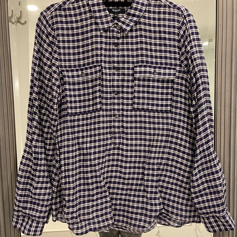 madewell navy and white windowpane button down shirt, size L